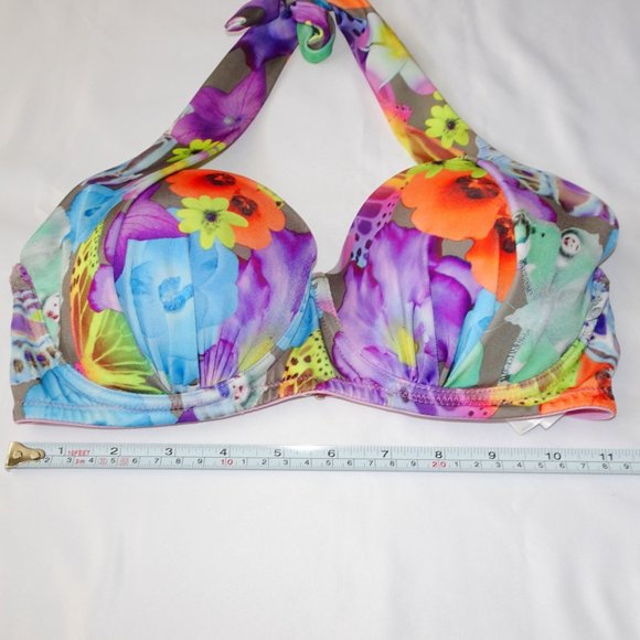 La Vie En Rose Aqua Floral Multicolor Halter Push Up Bikini Top - Picture 3 of 5
